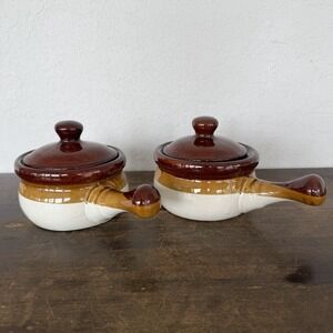 Vintage French Onion Soup Crocks Handled Bowls with Lids Brown Glazed Set of 2